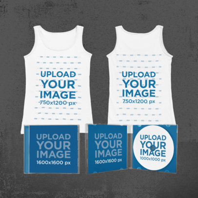 Merch Bundle Mockup Featuring CD Cases and a Both Sides-View Sleeveless Shirt