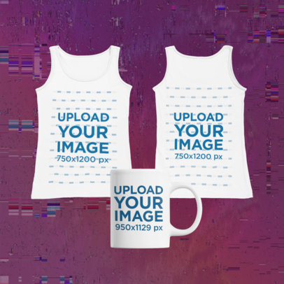 Merch Bundle Mockup Featuring Two Round-Neck Tank Tops and an 11 oz Mug