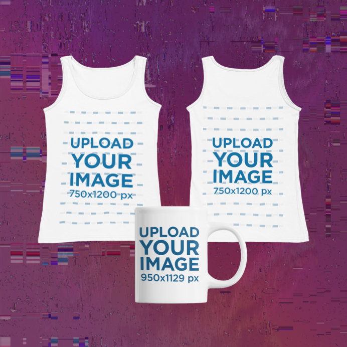 Merch Bundle Mockup Featuring Two Round-Neck Tank Tops and an 11 oz Mug