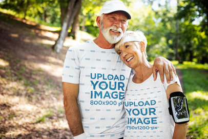 Activewear T-Shirt Mockup of a Senior Couple Hugging