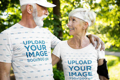 T-Shirt Mockup of a Senior Couple Working Out in Nature Together
