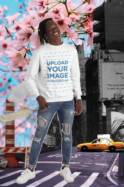 Sweatshirt Mockup Featuring a Man and a Collage Background with Flowers