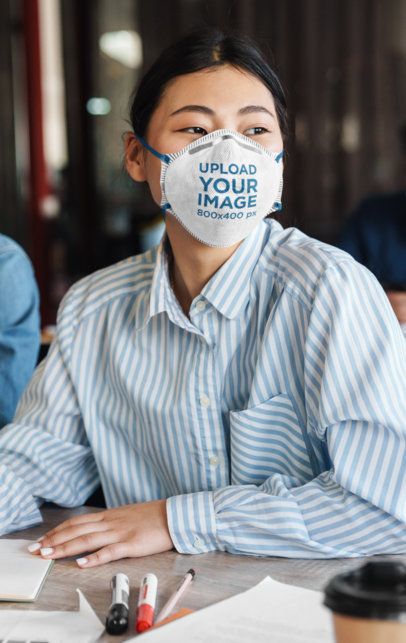 Face Mask Mockup of a Woman at a Work Meeting