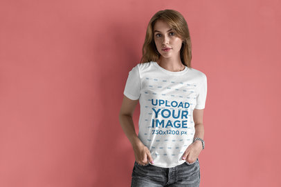 T-Shirt Mockup of a Long-Haired Woman Posing With Her Hands in Her Pockets 