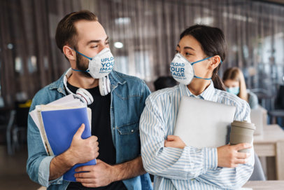 Face Mask Mockup of Two Coworkers Looking at Each Other