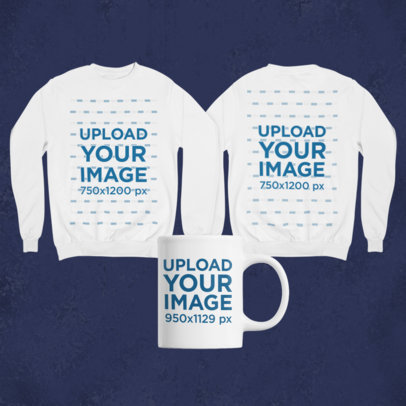 Mockup of a Merch Bundle Featuring Two Sweatshirts and an 11 oz Coffee Mug