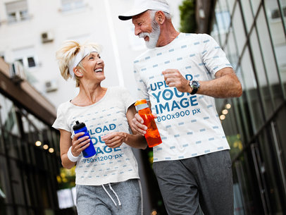 T-Shirt Mockup of a Senior Woman Jogging With Her Husband in the City 41446-r-el2