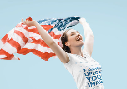 T-Shirt Mockup of a Happy Woman Waving an American Flag
