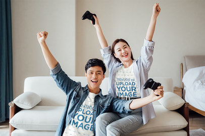 T-Shirt Mockup Featuring a Happy Couple Playing Video Games 42216-r-el2