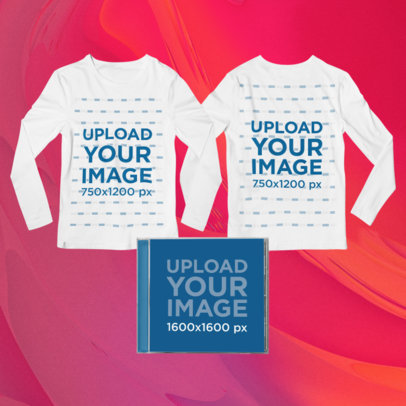 Mockup of a Merch Bundle Including a Both Sides-View Long Sleeve Tee and a CD Jewel Case