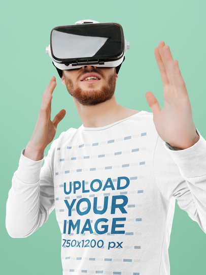 Studio Mockup of a Man in a Long Sleeve Tee Playing a VR Game