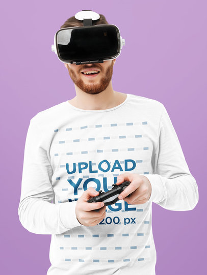 Long Sleeve T-Shirt Mockup of a Man Playing a VR Game