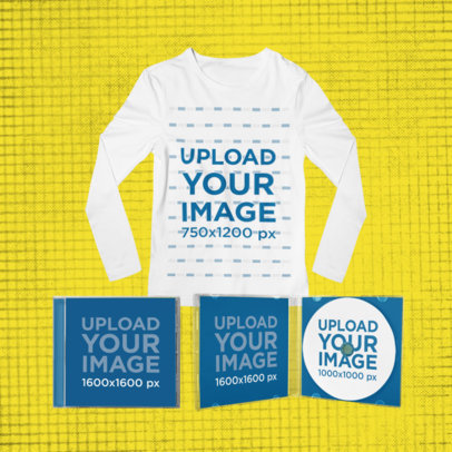 Merch Bundle Mockup Featuring Two CD Cases and a Long Sleeve T-Shirt