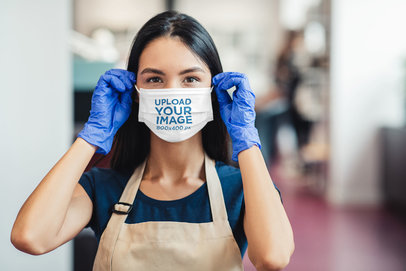 Face Mask Mockup of a Woman Wearing Disposable Gloves 
