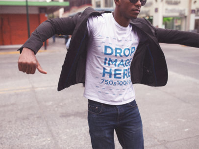 Serious Man Getting Ready While Wearing a Round Neck Tshirt and Sunglasses in the City Mockup