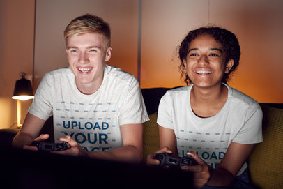 T-Shirt Mockup Featuring Two Friends Playing Video Games 41945-r-el2