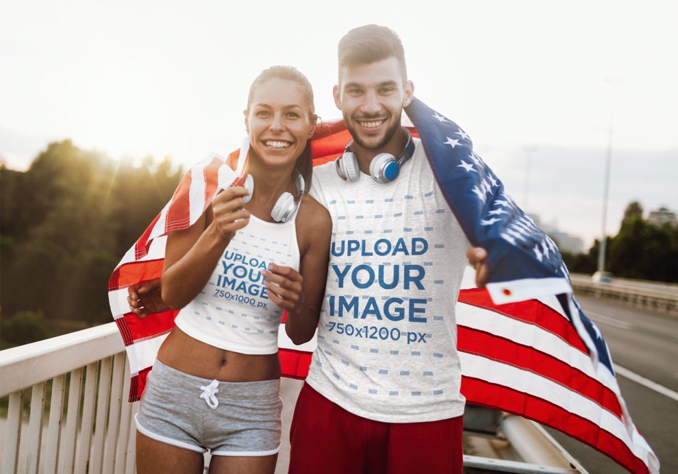 T-Shirt and Tank Top Mockup Featuring Two Friends Posing With an American Flag 