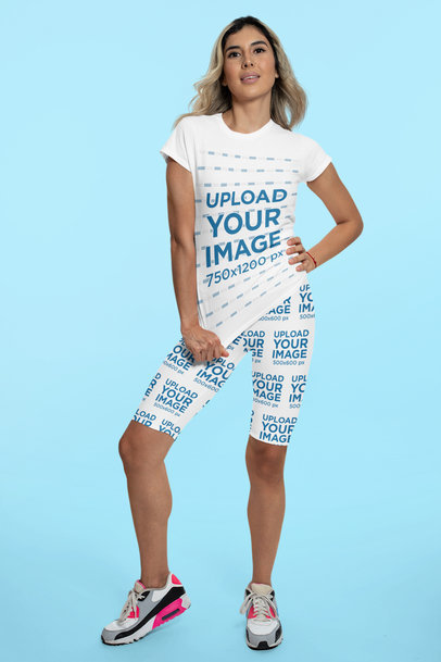 Mockup of a Woman Modeling a Sports Outfit of Bike Shorts and a T-Shirt
