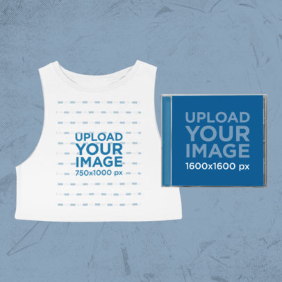 Merch Bundle Mockup Featuring a Sleeveless Crop Top T-Shirt with a CD