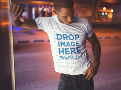 Template of a Man Leaning on a Post While Wearing a T-Shirt