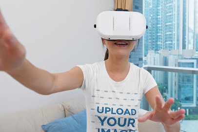 T-Shirt Mockup of a Woman Playing with a VR Headset 42846-r-el2