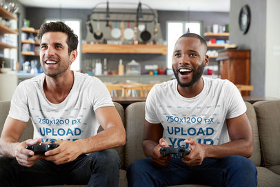 T-Shirt Mockup of Two Men Playing Video Games at Home 42788-r-el2