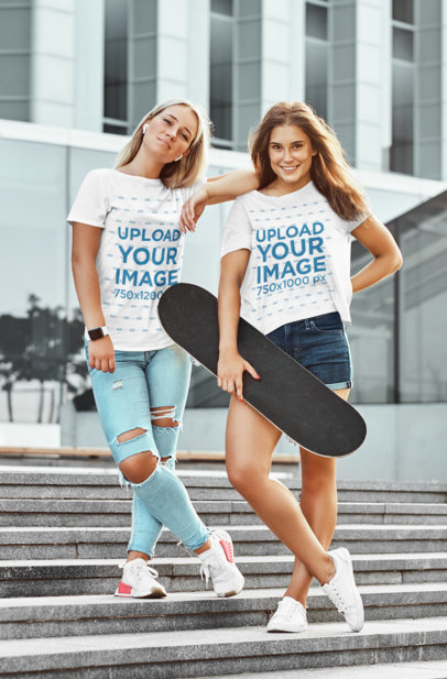 T-Shirt Mockup Featuring Two Skater Friends Posing
