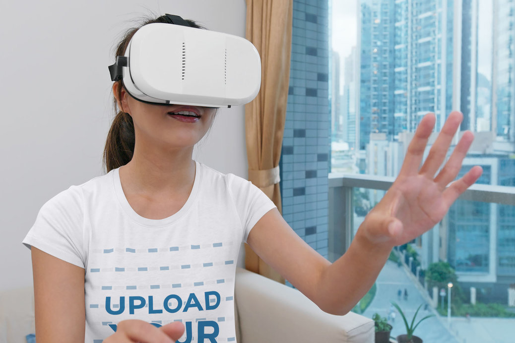 T-Shirt Mockup of a Woman Using a VR Device
