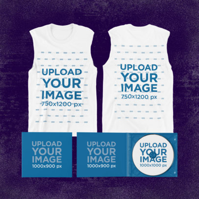 Mockup of a Musician's Merch Bundle Including Sleeveless Shirts and CD Jewel Cases