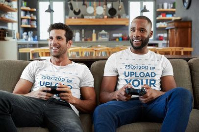 T-Shirt Mockup of Two Men Casually Playing Video Games 42790-r-el2