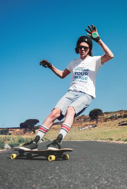 T-Shirt Mockup Featuring a Woman Speed Skating on a Highway