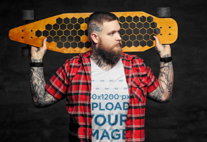 Heathered T-Shirt Mockup Featuring a Man with Tattoos Holding a Longboard 42158-r-el2