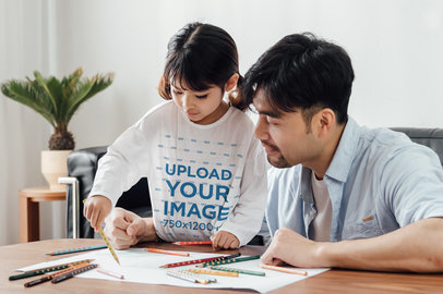 Long Sleeve Tee Mockup of a Little Girl Drawing with Her Dad