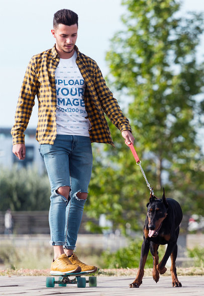 T-Shirt Mockup Featuring a Bearded Man Skating with His Dog