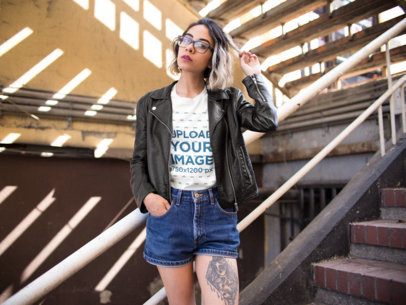 Trendy Woman Wearing a T-Shirt While in Some Stairways Template