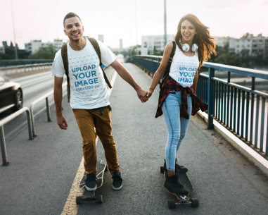 Tank Top and T-Shirt Mockup of a Couple Skating 