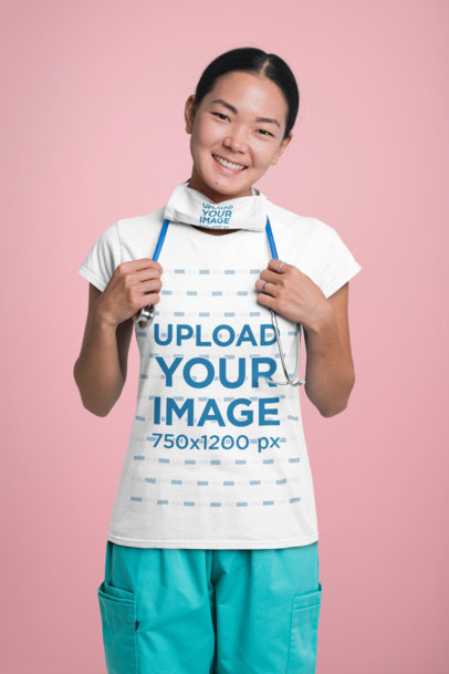 Mockup of a Happy Nurse Wearing a T-Shirt and a Face Mask