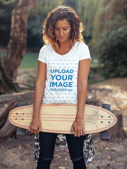 V-Neck Tee Mockup Featuring a Woman Holding a Longboard 42021-r-el2