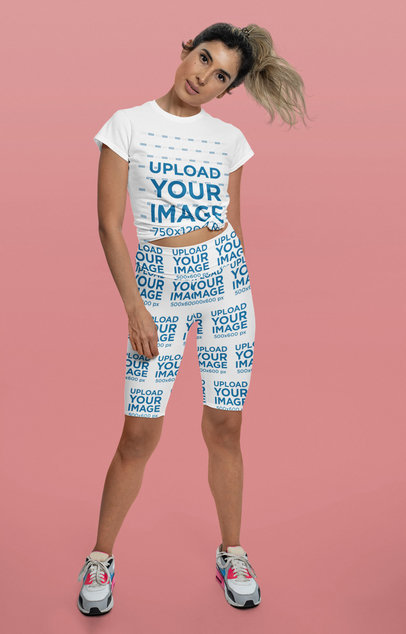 Sublimated Bike Shorts Mockup of a Woman Wearing a Knotted T-Shirt at a Studio 