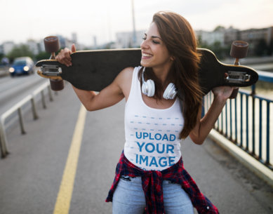 Tank Top Mockup Featuring a Joyful Female Skater 
