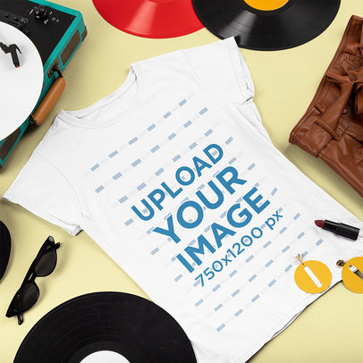 T-Shirt Mockup Featuring Items of a Female Music Fan 43295