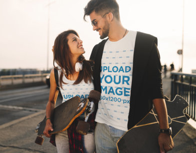 T-Shirt and Tank Top Mockup Featuring a Skater Couple