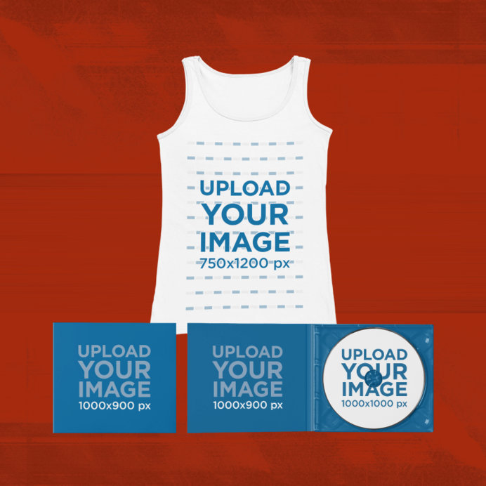 Merch Bundle Mockup of a Scoop Neck Tank Top and Two Digipaks