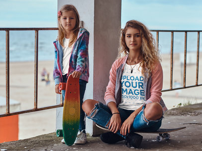 T-Shirt Mockup Featuring Two Sisters Posing with Their Skateboards 43356-r-el2