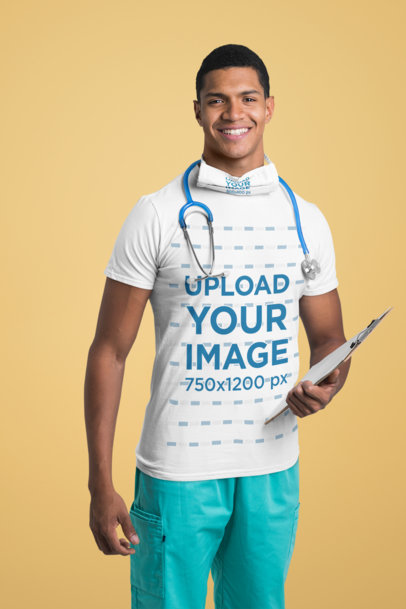 Mockup of a Nurse Wearing a T-Shirt and a Face Mask