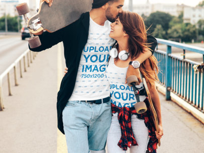 Tank Top and T-Shirt Mockup Featuring a Skater Couple Walking in the City 