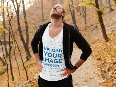 Mockup of a Man with a Scoop Neck Tank Top Resting from a Run 