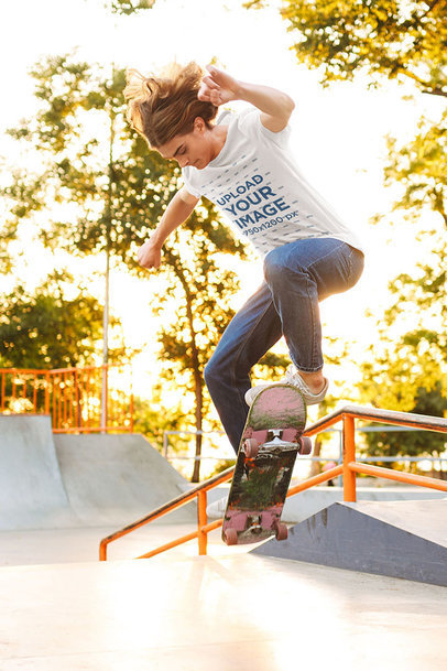 T-Shirt Mockup Featuring a Young Man Skating 