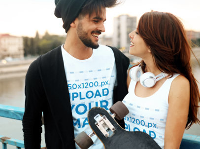 Tank Top and T-Shirt Mockup of a Happy Skater Couple 