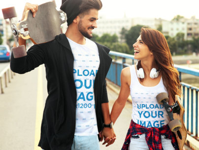 T-Shirt and Tank Top Mockup Featuring a Skater Couple Holding Hands 